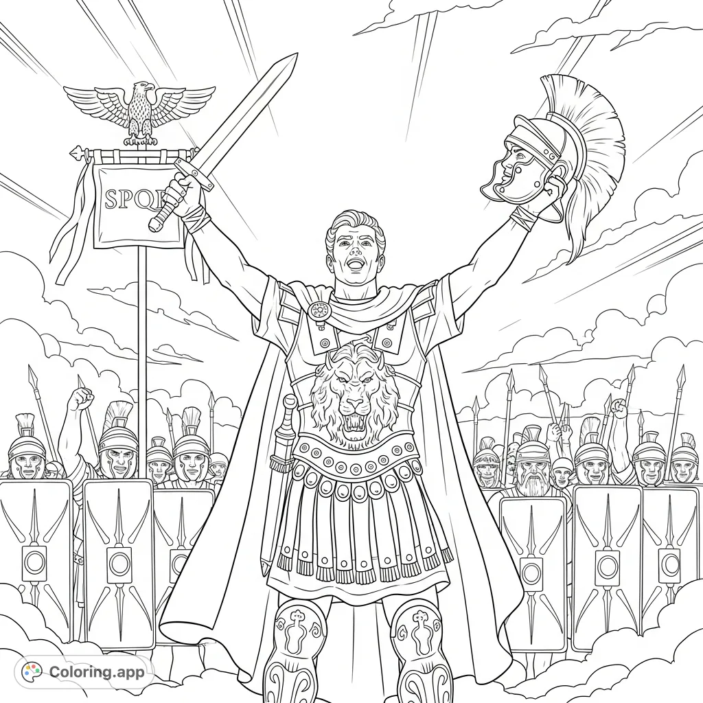 A powerful Roman general raises his sword in victory, flanked by cheering soldiers and an SPQR standard. A detailed historical scene for inspiring creativity.