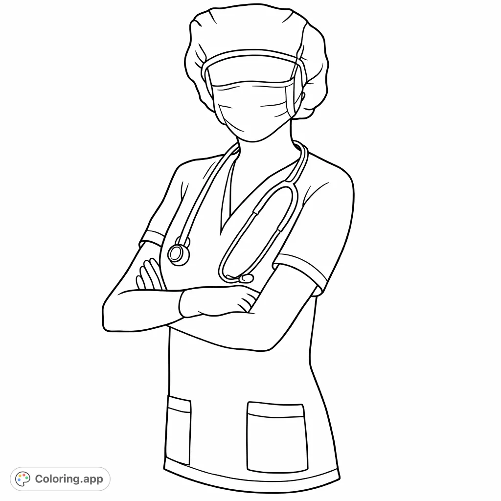 A line art illustration of a caring medical professional in scrubs and mask, arms crossed, with a stethoscope. Perfect for recognizing healthcare heroes.