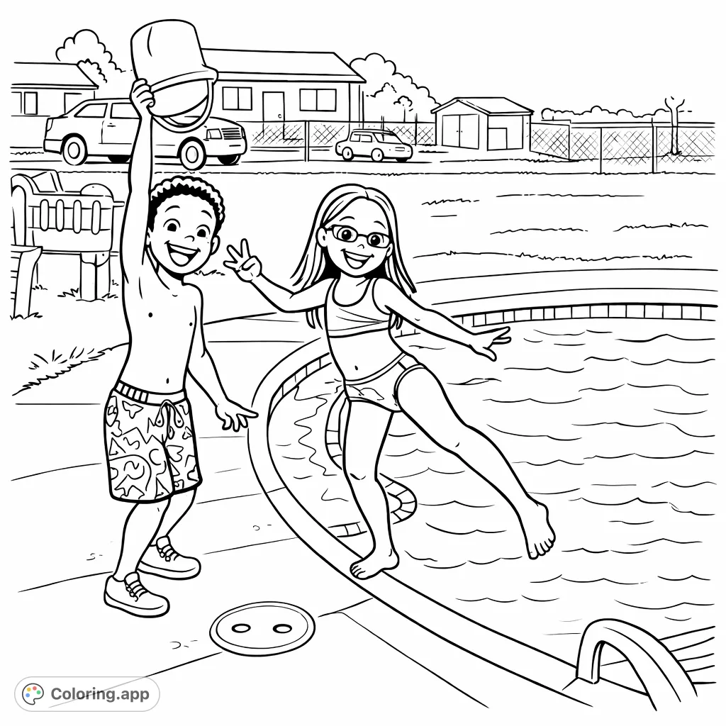 Capture the joy of summer with two children playing happily by a circular pool. A boy holds a large scoop high while a girl balances at the water's edge, both smiling.