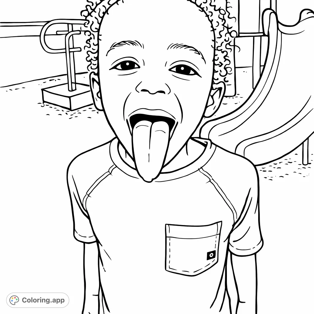 Capture the playful spirit of a child making a silly face with their tongue out at the playground. A fun, cartoony coloring page for cheerful moments.