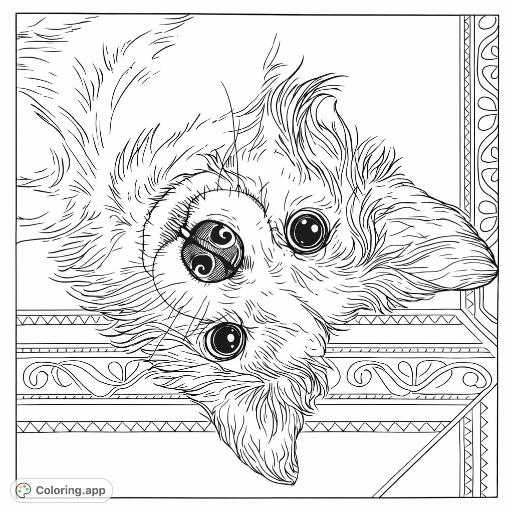 Discover a charming dog coloring page featuring a playful pup on its back, gazing up with curious eyes, set against an intricately patterned tiled floor.