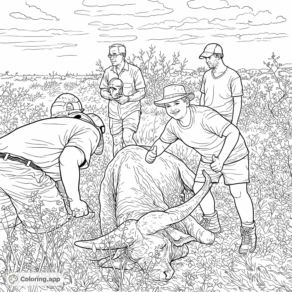 An engaging safari scene featuring a group gathered around a large bovine, celebrating an outdoor adventure amidst a field of wildflowers.