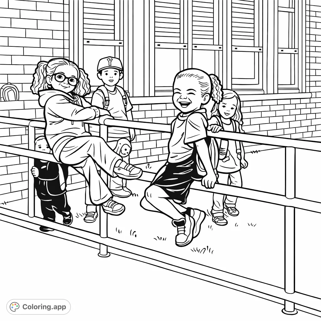 Capture a lively schoolyard scene with kids playing on a railing, set against a brick building. A fun, cartoony coloring page perfect for young artists.