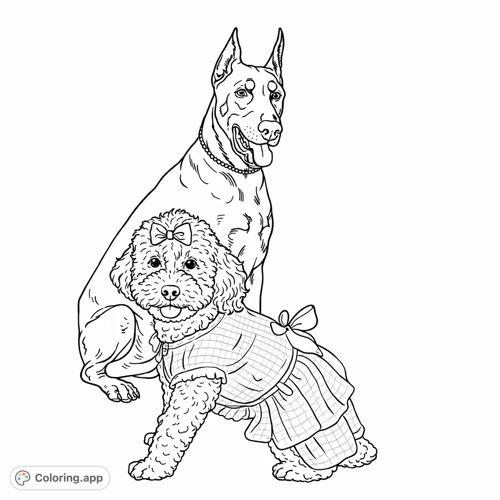 A delightful coloring page featuring two charming dogs: a regal large breed and a playful curly-haired companion in a patterned dress.