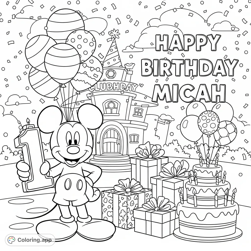 Celebrate with Mickey Mouse, The Clubhouse, balloons, presents, and cake. A festive scene with "Happy Birthday Micah" text for a special day.