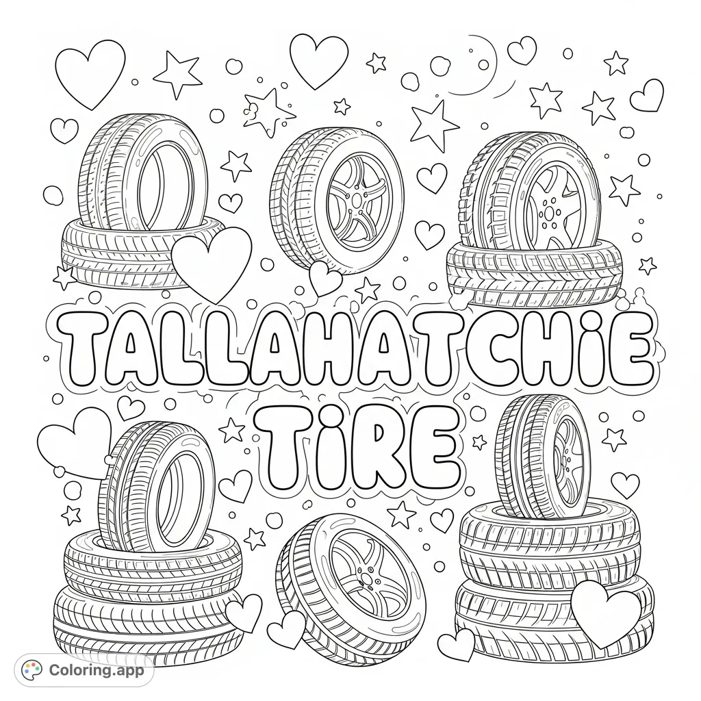 A fun, girly tire shop coloring page featuring 'TALLAHATCHIE TIRE' in bubble letters, surrounded by tires, hearts, and stars. Perfect for a unique business cover.