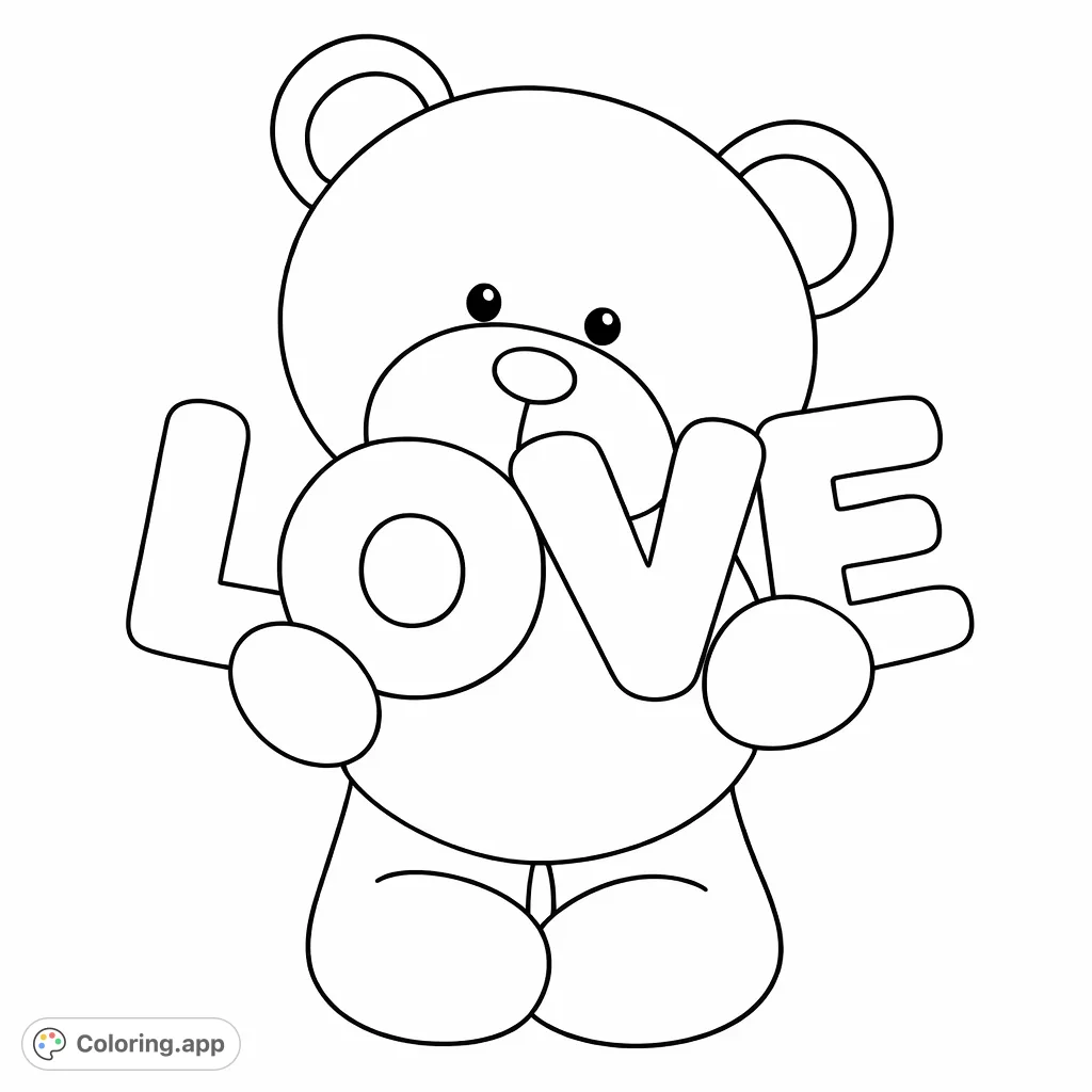 A charming teddy bear holds the word 'LOVE' in this heartwarming coloring page. Perfect for expressing affection and enjoying simple, delightful creativity.