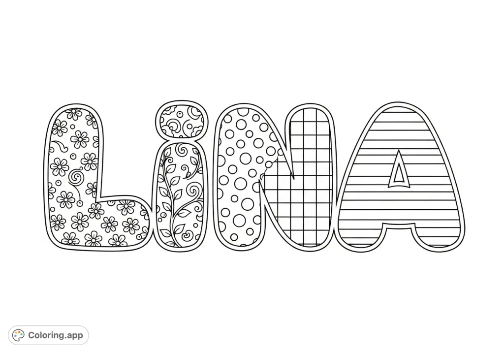 Discover 'Lina' in bold bubble letters, each filled with unique, intricate patterns like florals, swirls, and checkerboards. A fun and personalized coloring experience awaits!