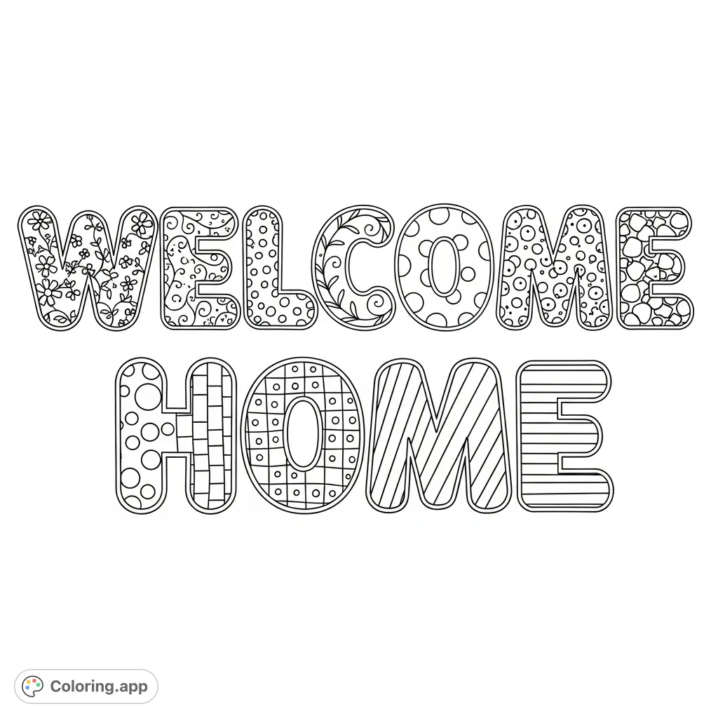 Bold "WELCOME HOME" bubble letters, each filled with intricate patterns like florals, polka dots, and stripes, inviting creative expression.