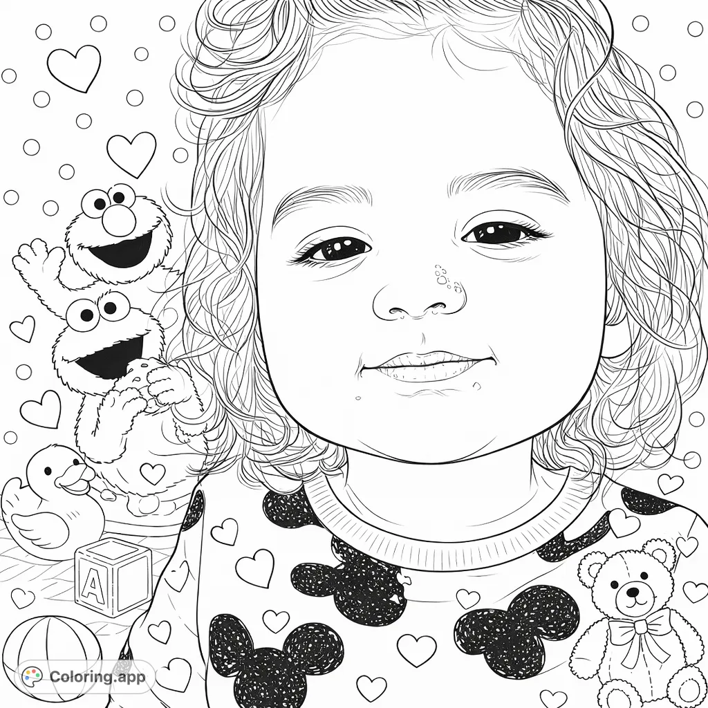 A delightful coloring page featuring a child surrounded by Sesame Street characters, playful objects, and whimsical heart and polka dot patterns, perfect for joyful coloring.