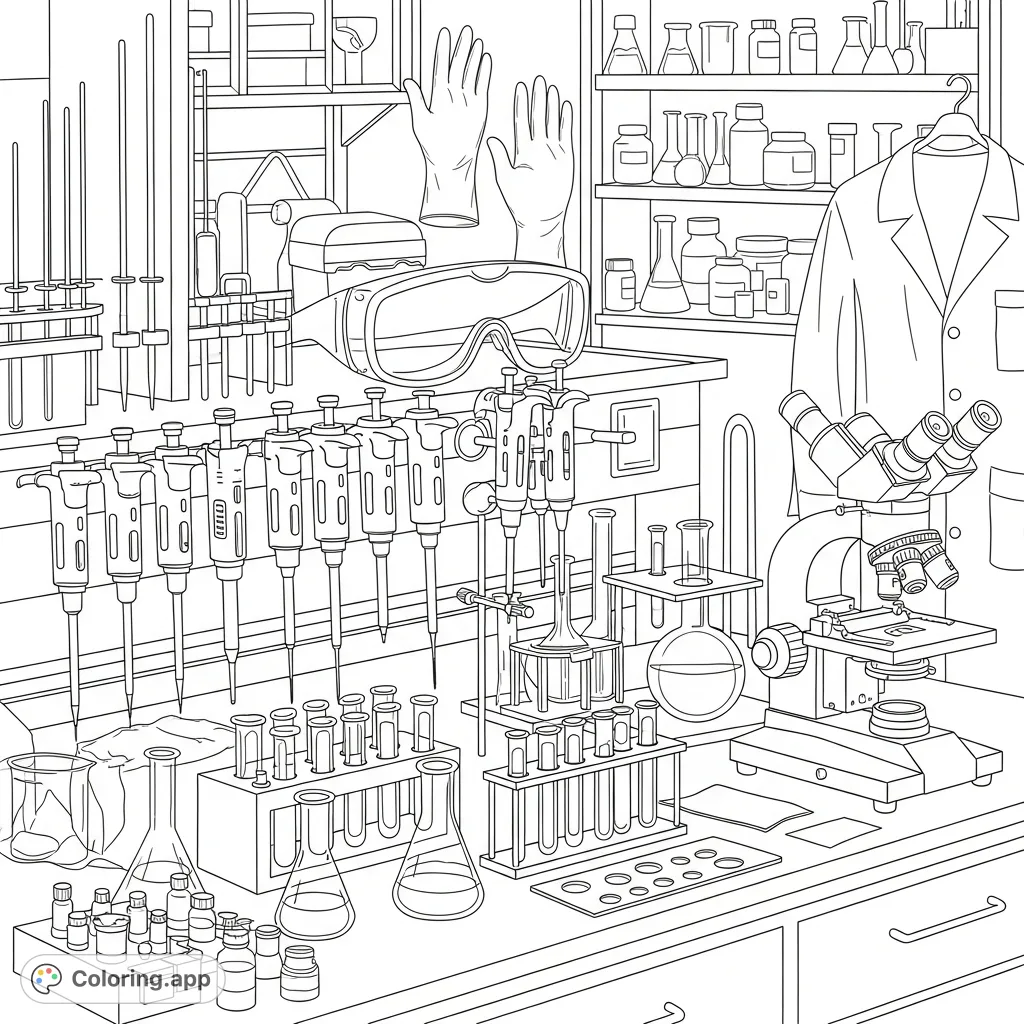 Explore a detailed scientific laboratory coloring page, featuring pipettes, eppendorfs, and safety gear amidst a backdrop of essential biomedical equipment.