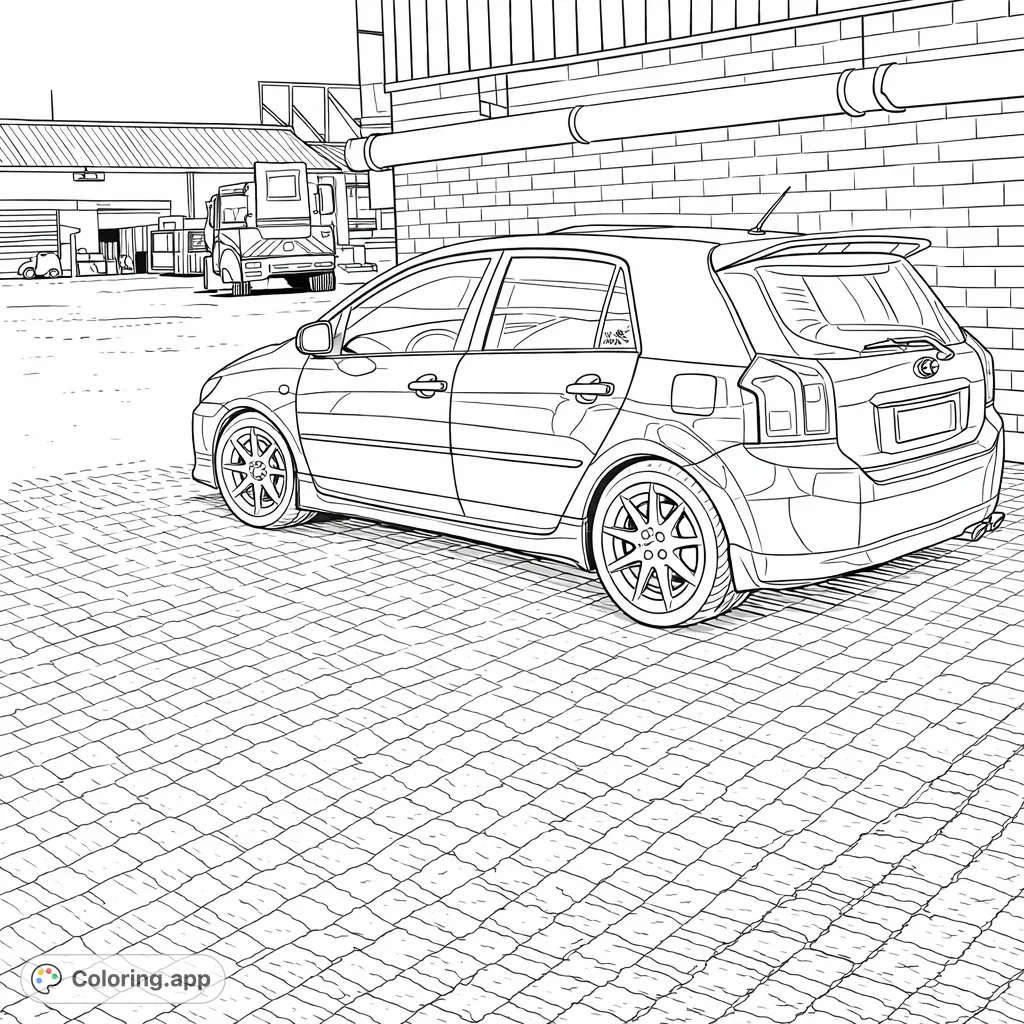 A sleek hatchback car with a spoiler parked in an industrial setting, featuring detailed brickwork and utility vehicles. Perfect for car enthusiasts to customize!