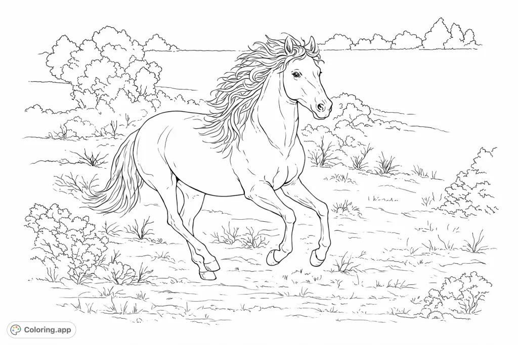 Capture the dynamic energy of a magnificent wild horse mid-gallop across an open, natural landscape. This realistic horse coloring page offers simple details for all ages.