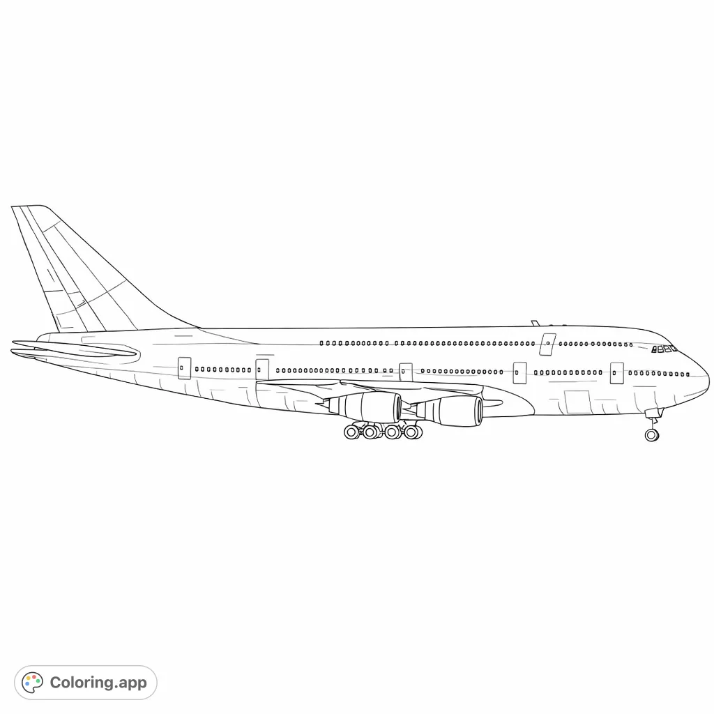 Detailed side view of a large passenger airplane with wings, engines, and landing gear, ready for a creative aviation coloring page adventure.