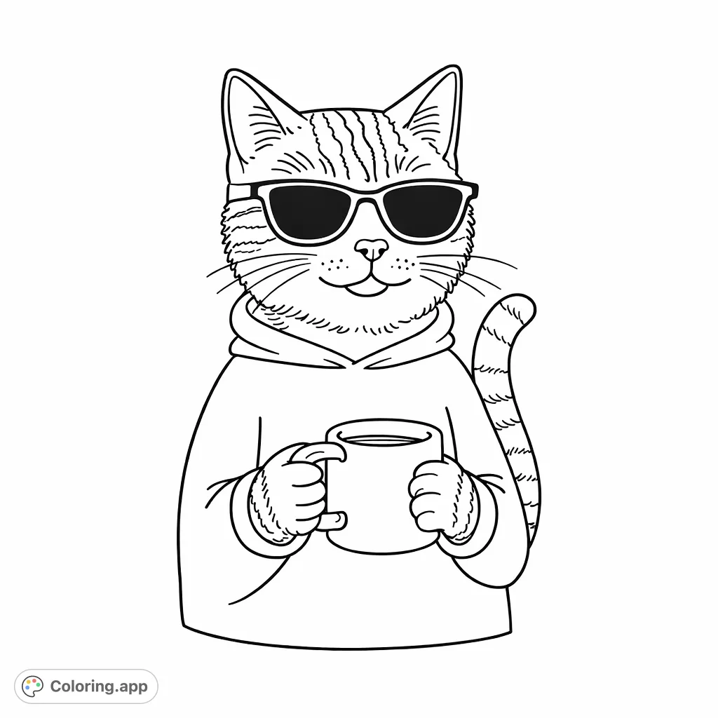A chill cat sporting stylish sunglasses and a cozy sweater, enjoying a warm mug. A fun, trendy feline character ready for your creative touch.