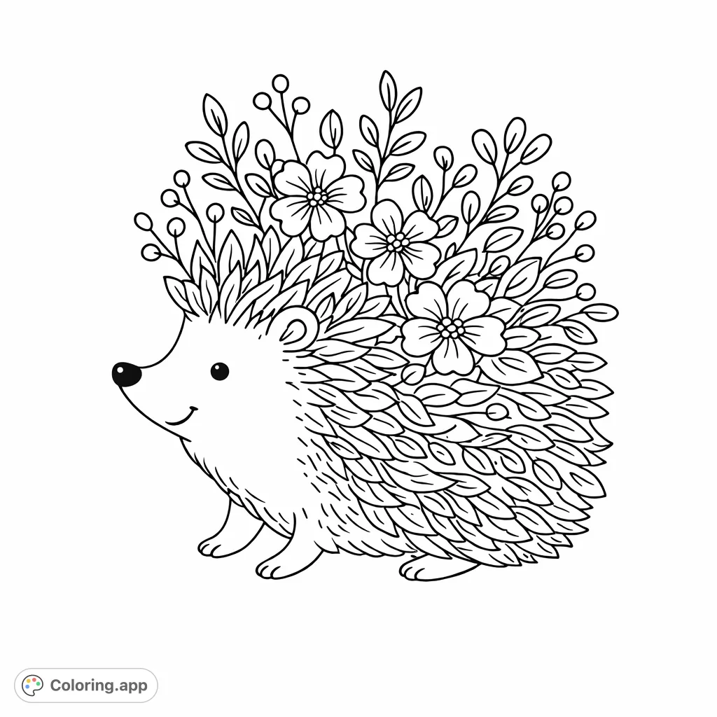 A delightful hedgehog adorned with charming flowers and leaves, all framed within a circular design. Perfect for nature lovers.