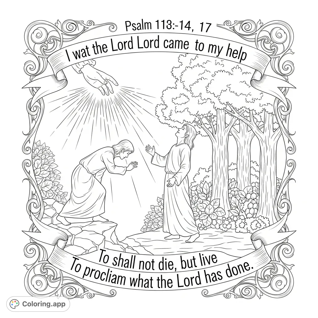 A powerful Psalm 118 coloring page depicting struggle, divine help, strength, and life. Features detailed figures, natural elements, and sacred text.