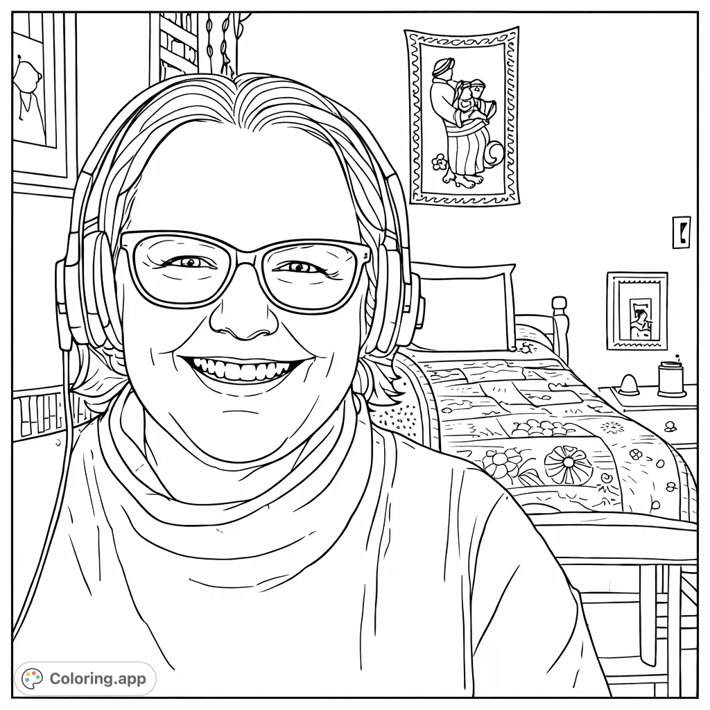 A friendly face smiles broadly, wearing headphones and glasses, set against a cozy room with patterned decor. A charming image for relaxation and creativity.