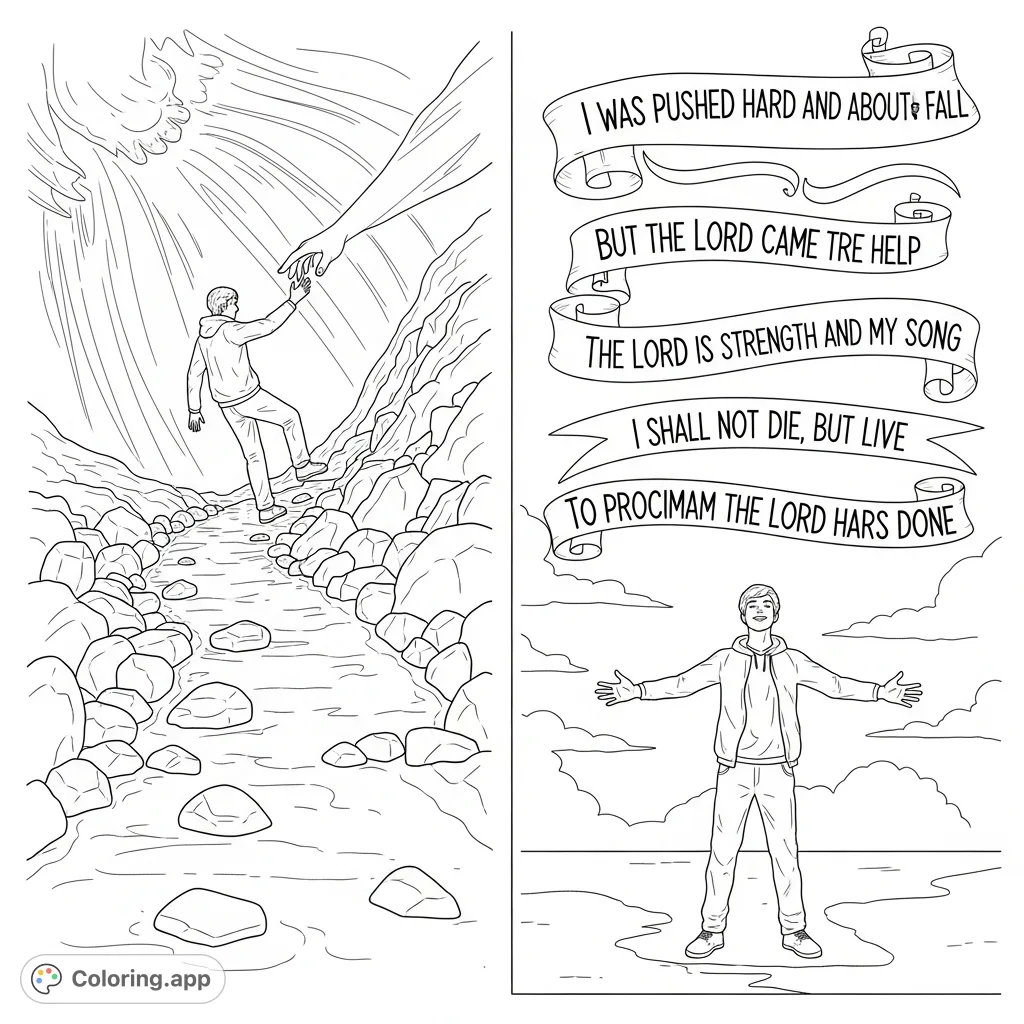 A powerful scripture coloring page featuring a figure receiving divine help, moving from struggle to triumph. Includes verses from Psalm 118, celebrating strength and life.