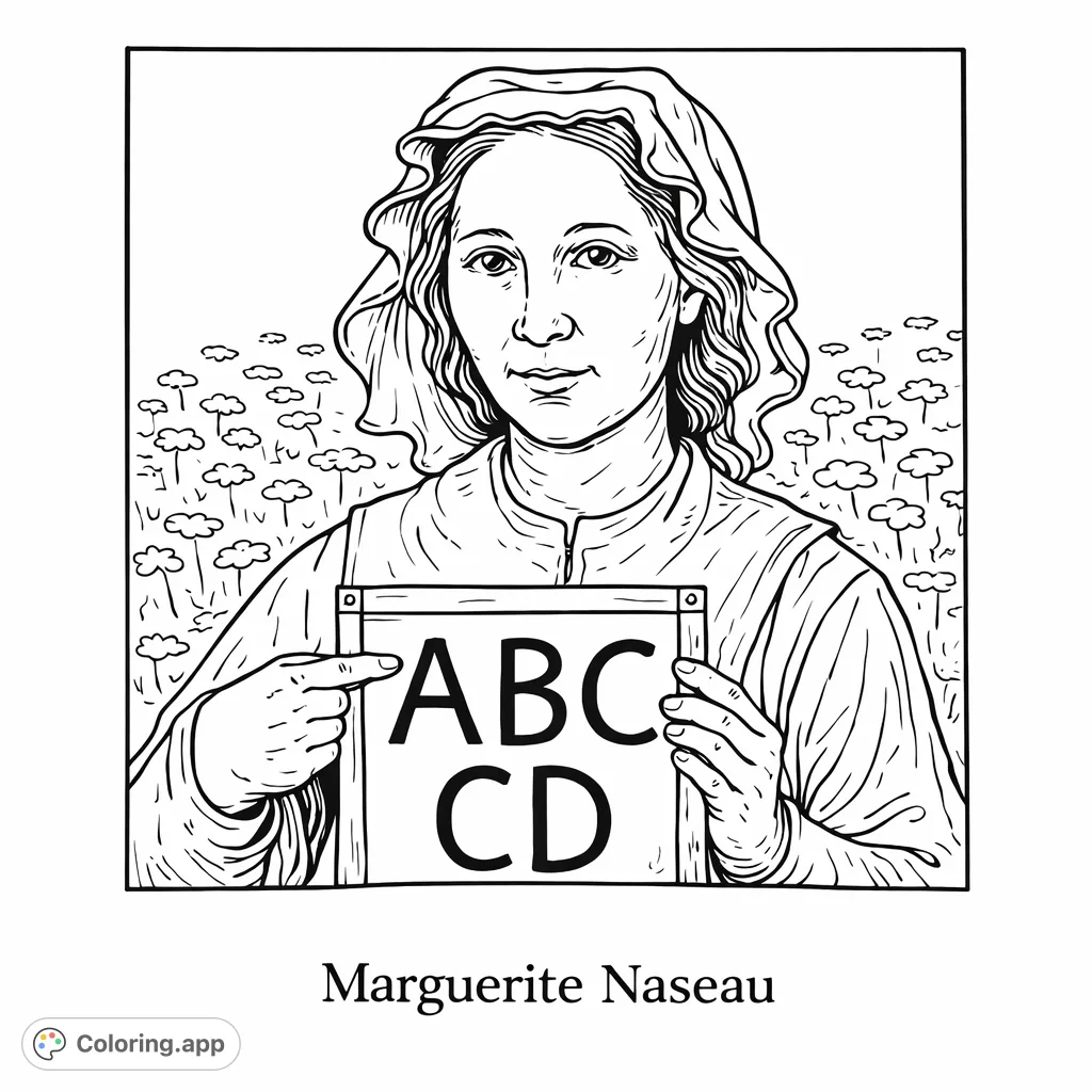 A charming young woman in a bonnet holds a slate displaying ABCs, inviting a journey into learning and discovery. Perfect for all ages.
