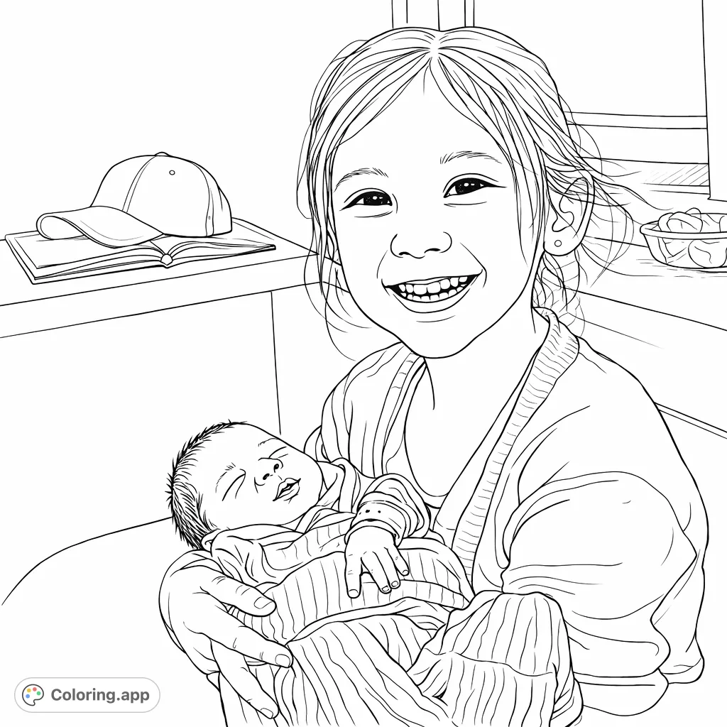 Capture the heartwarming moment of a big sister cradling her newborn sibling. This adorable family scene is perfect for celebrating new arrivals and family bonds.