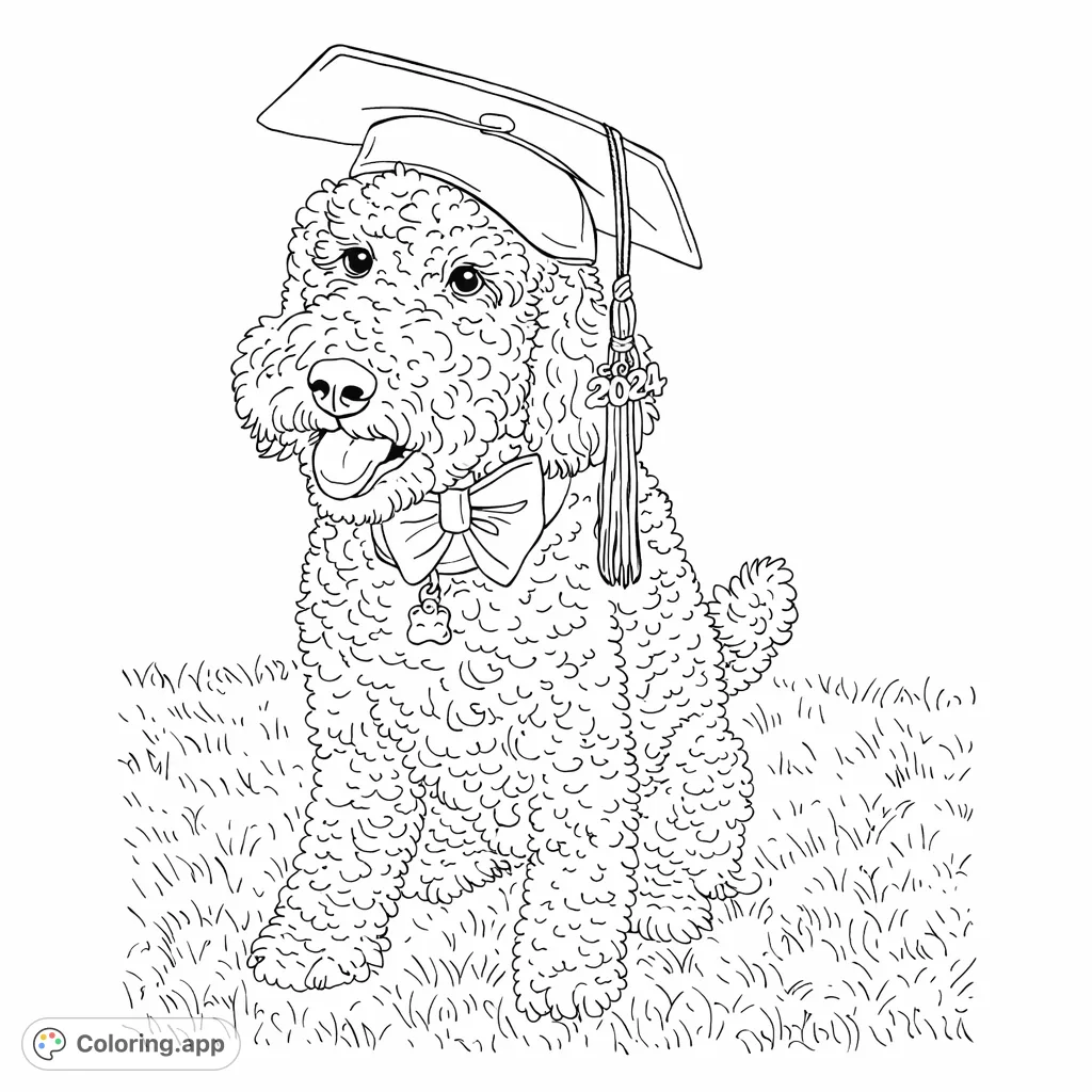 Celebrate milestones with this adorable poodle in a graduation cap and bow tie! A charming, fluffy graduate ready for a fun coloring session.