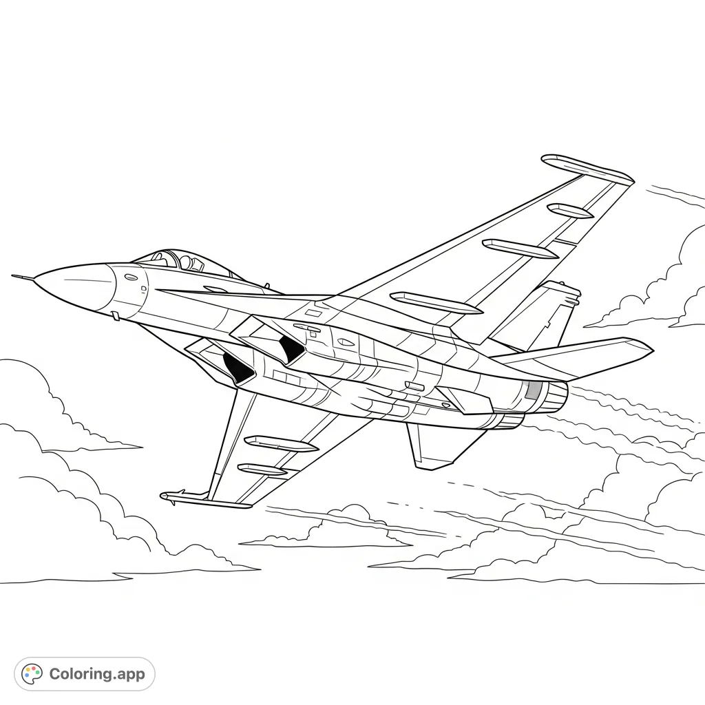 A powerful fighter jet soaring through the sky, showcasing its sleek design and speed. This fighter jet coloring page is perfect for aviation enthusiasts.