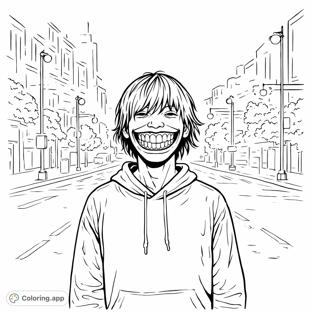 An unsettling figure with a wide, stretched grin stands on a dark, wet city street at night. A mysterious and intriguing scene for coloring enthusiasts.