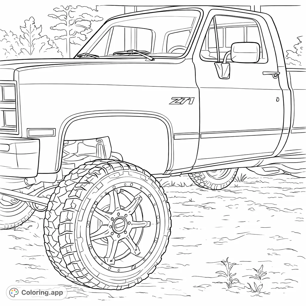 Color a rugged lifted pickup truck with massive off-road tires and custom rims. A perfect vehicle coloring page for enthusiasts of powerful trucks.