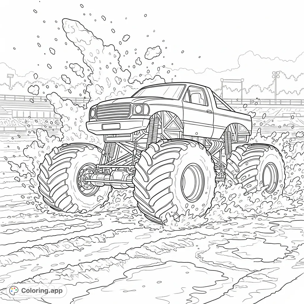 Experience the thrill of a monster truck powering through a muddy track, sending impressive splashes in every direction. A dynamic and exciting coloring page.