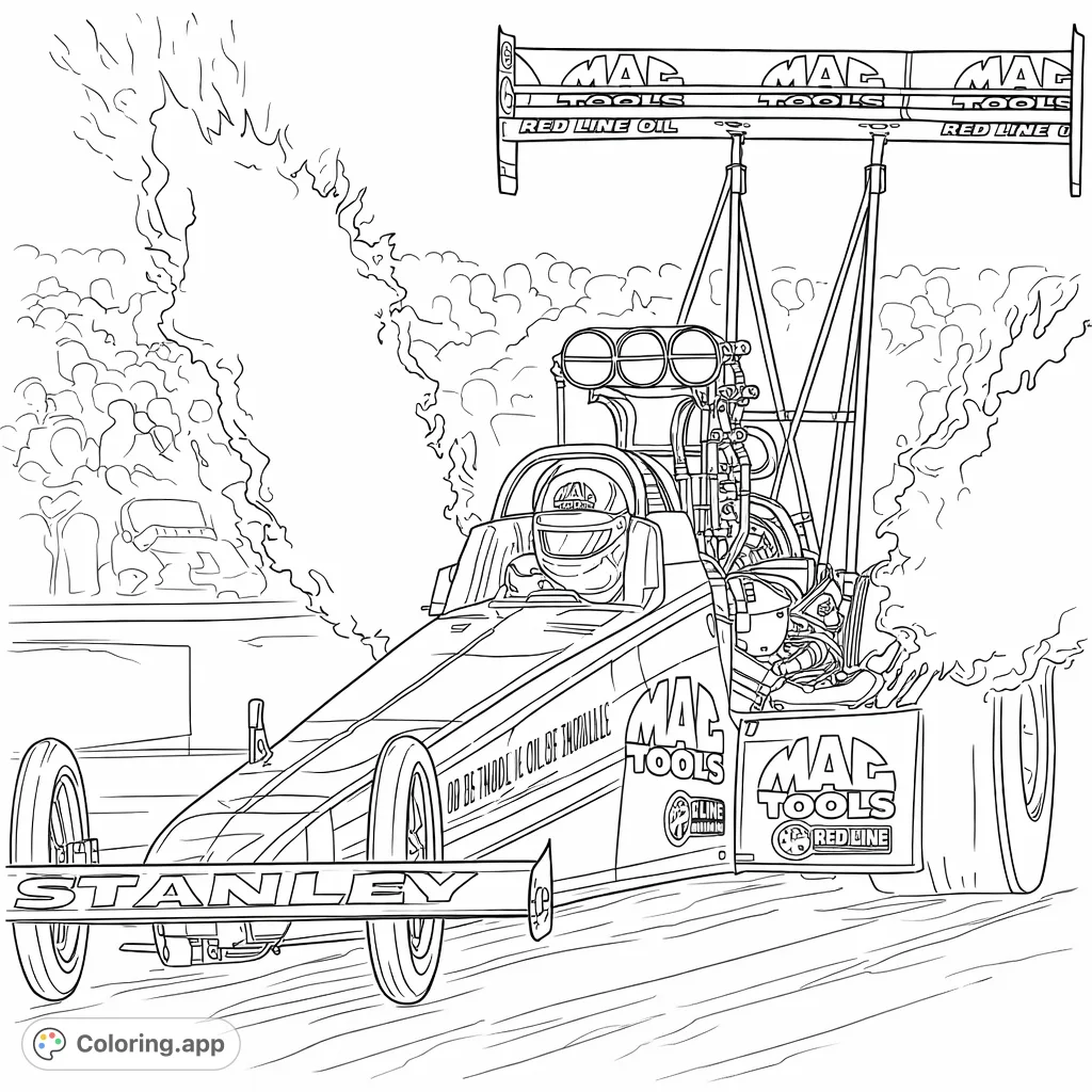 Experience the thrill of a dragster launching with this detailed coloring page, featuring intricate mechanical parts and dynamic exhaust plumes.
