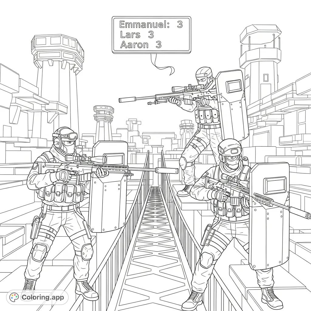 Engage in an epic 1v1v1 battle on the iconic Crossroads map! Color Emmanuel, Lars, and Aaron in their distinct outfits, snipers, and riot shields.