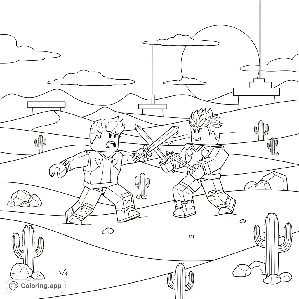 Epic Roblox fighting coloring page! Two rival characters clash in a dynamic desert scene, perfect for fans of action-packed online adventures and free printable coloring pages.