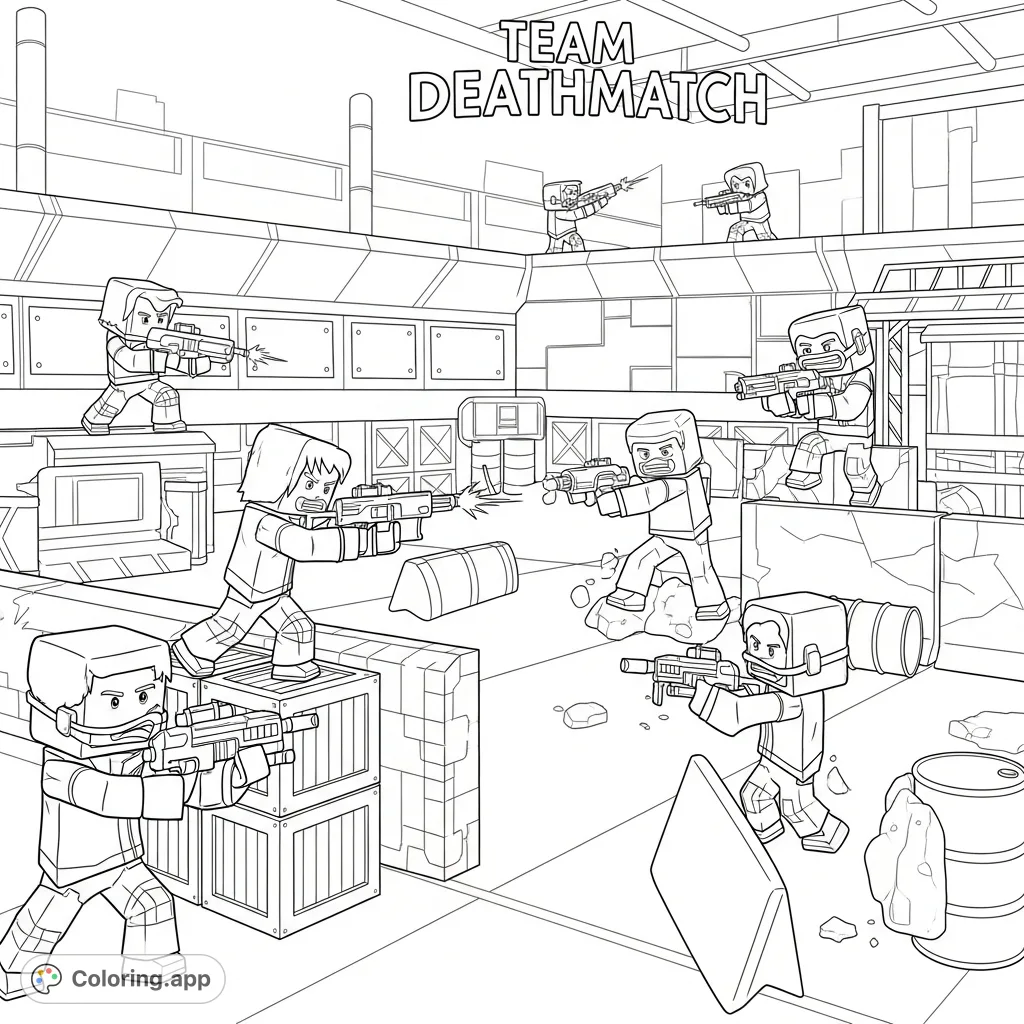 A thrilling Roblox-style Team Deathmatch scene with rival characters engaging in blaster combat amidst an action-packed arena. Perfect for Roblox fans!