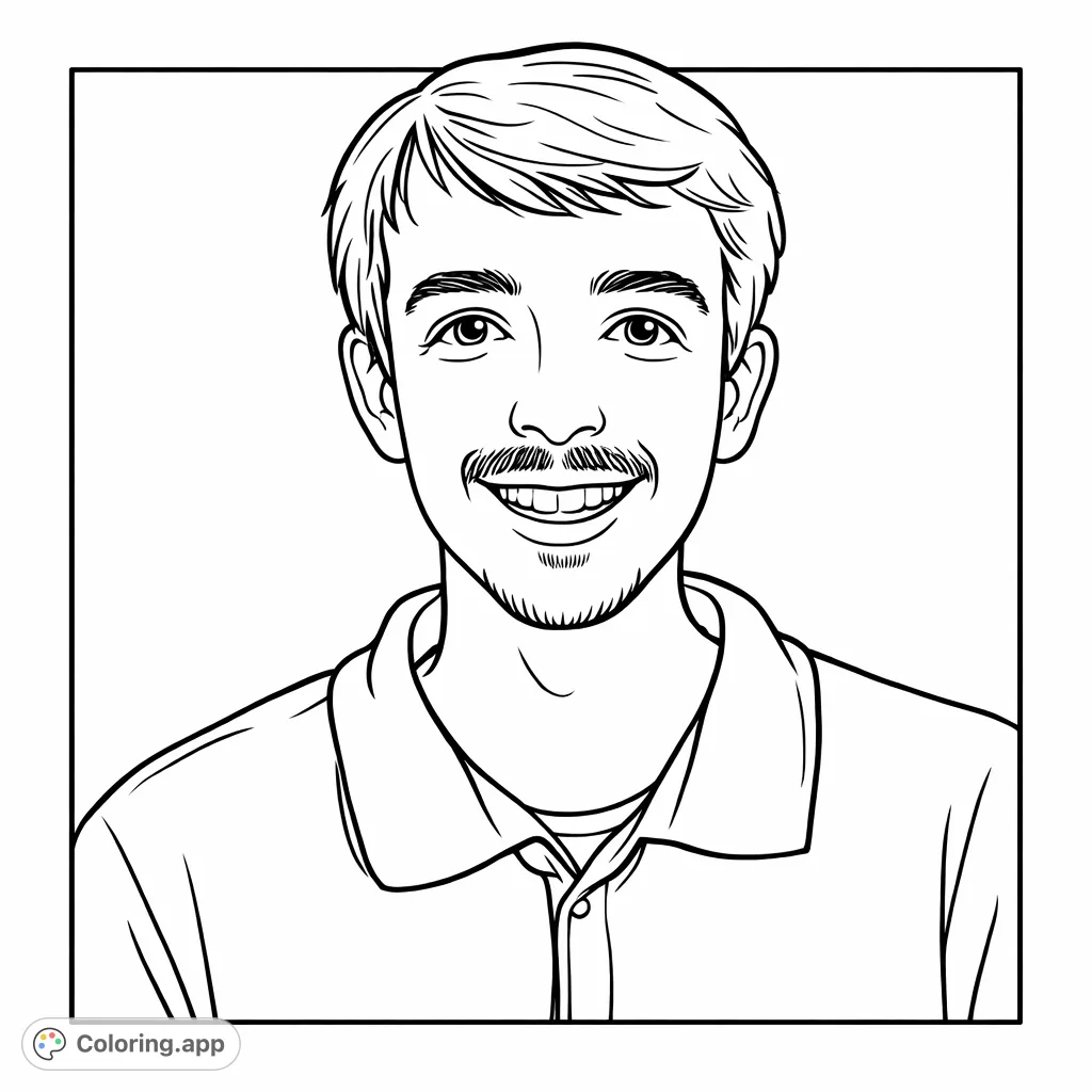 A friendly young man with a warm smile and distinct facial hair, captured in a welcoming portrait. Perfect for detailed facial feature coloring.