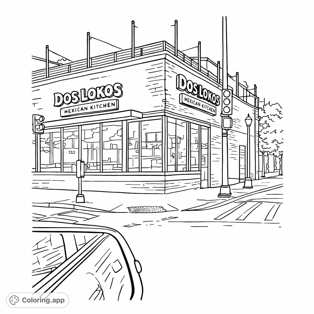 Explore an engaging urban street corner featuring a brick building with large windows and a rooftop patio. Perfect for city-themed coloring.