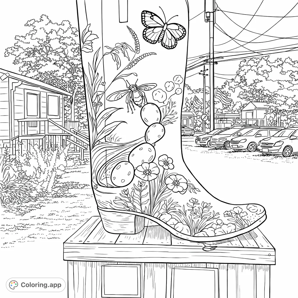 Color a monumental boot sculpture adorned with intricate wildflowers, butterflies, and cactus, set against a charming outdoor backdrop.