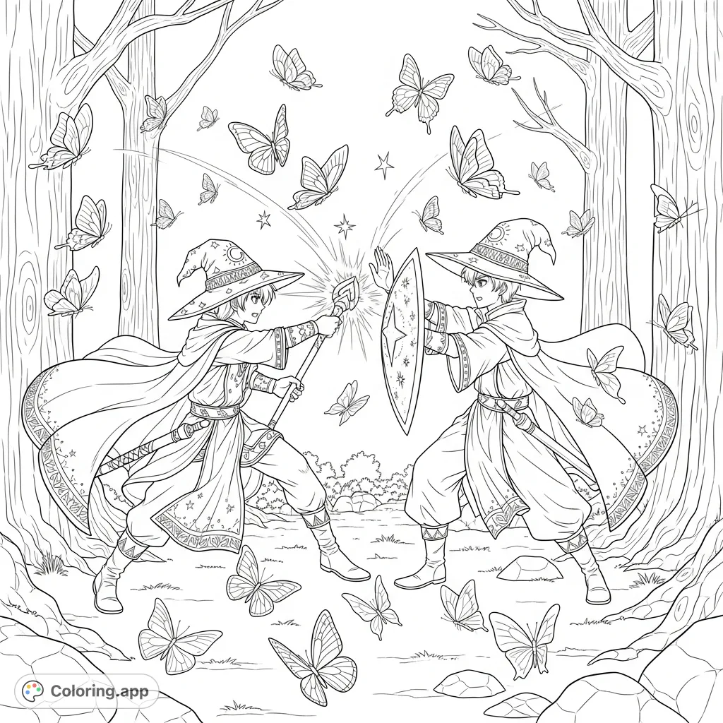 Witness an enchanting wizard battle with two spellcasters weaving magic amidst a swirl of delicate butterflies. A captivating fantasy coloring page experience awaits.