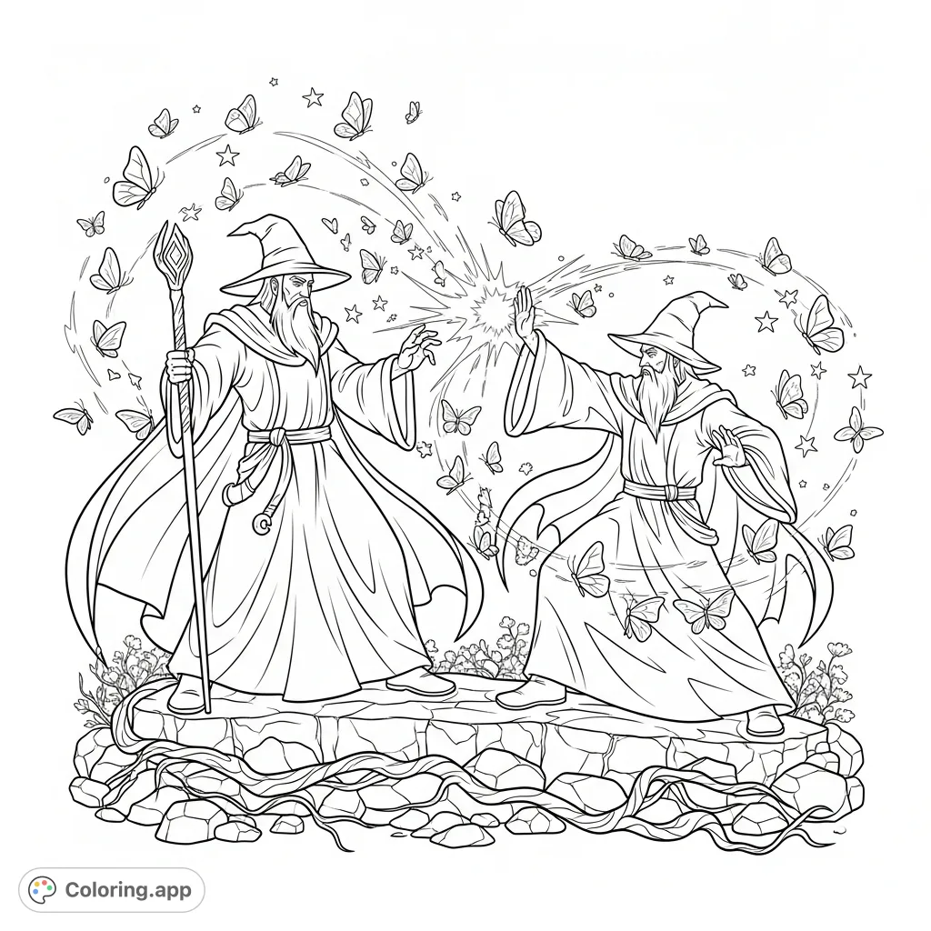 Experience an enchanting scene where two wizards clash in a magical duel, encircled by a graceful dance of butterflies. A fantasy coloring page for all ages.