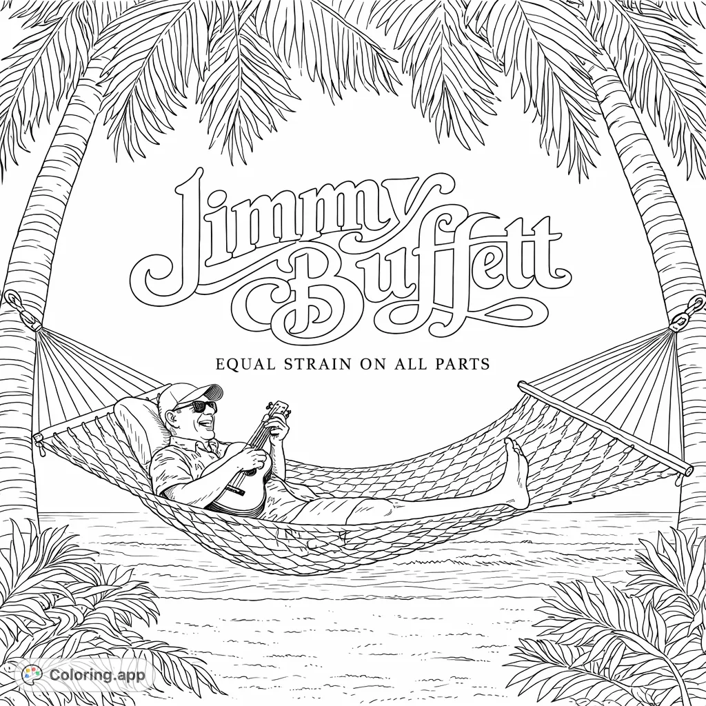 Experience serene island life with this tropical hammock coloring page. A man relaxes between palm trees, playing music by the ocean. Perfect for unwinding.