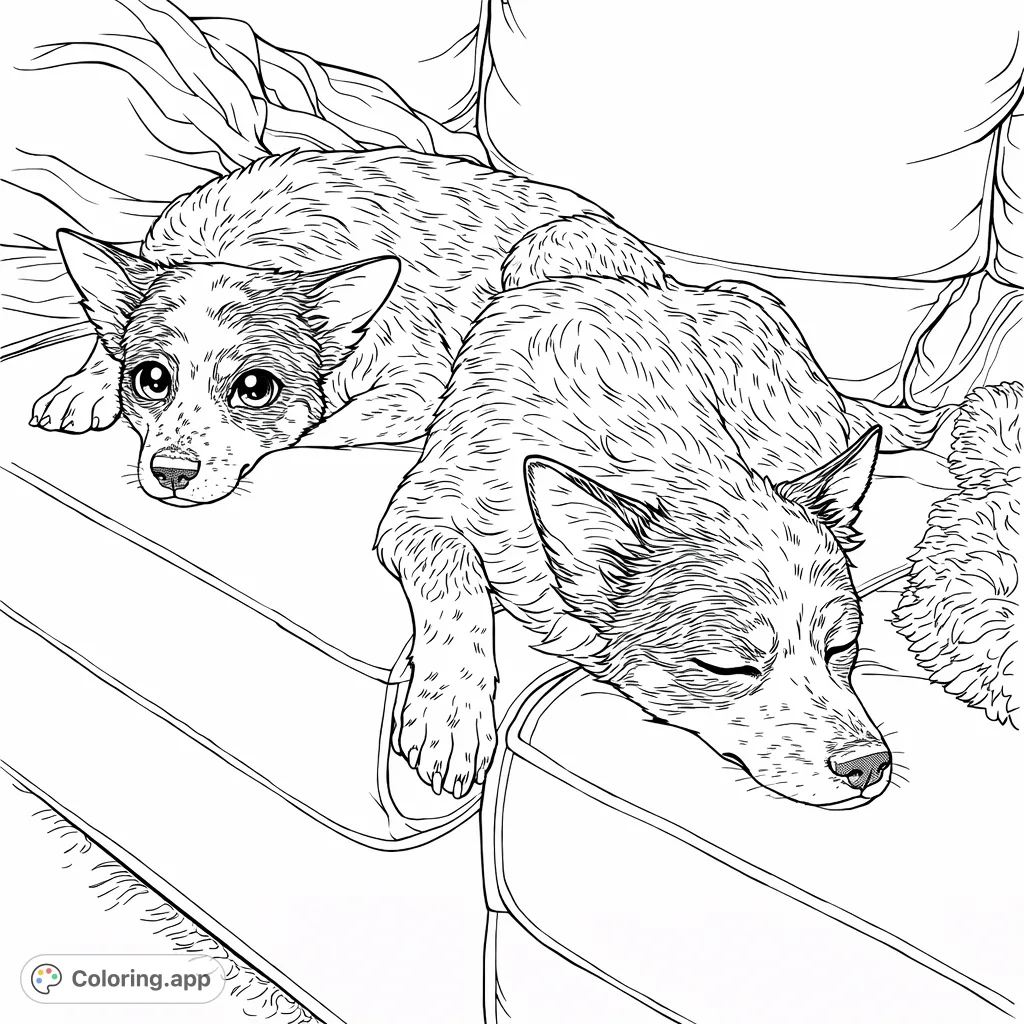 Snuggle up with this adorable anime-inspired coloring page featuring two dogs peacefully napping on a cozy sofa. Perfect for relaxation and creative expression!