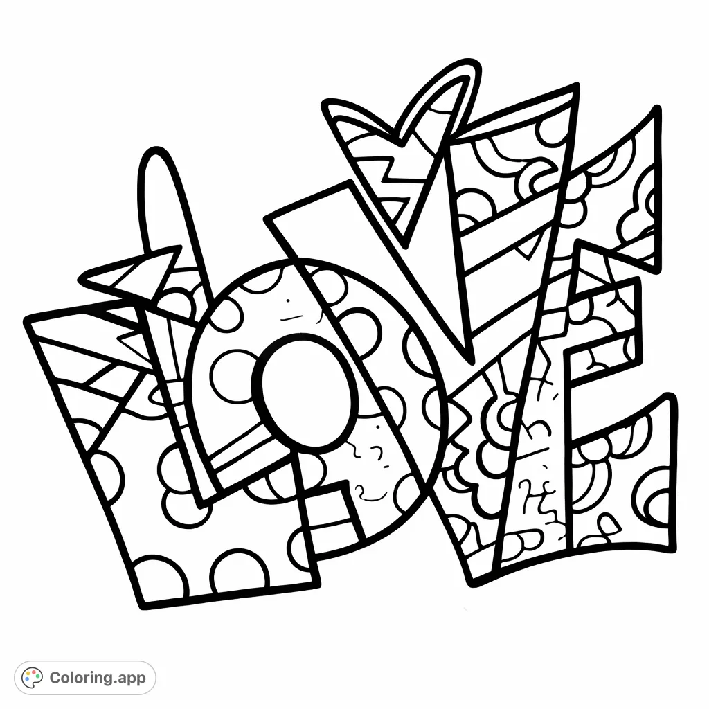 A vibrant coloring page featuring the word "LOVE" in a bold, pop-art style with intricate patterns filling each letter. A free printable coloring page.