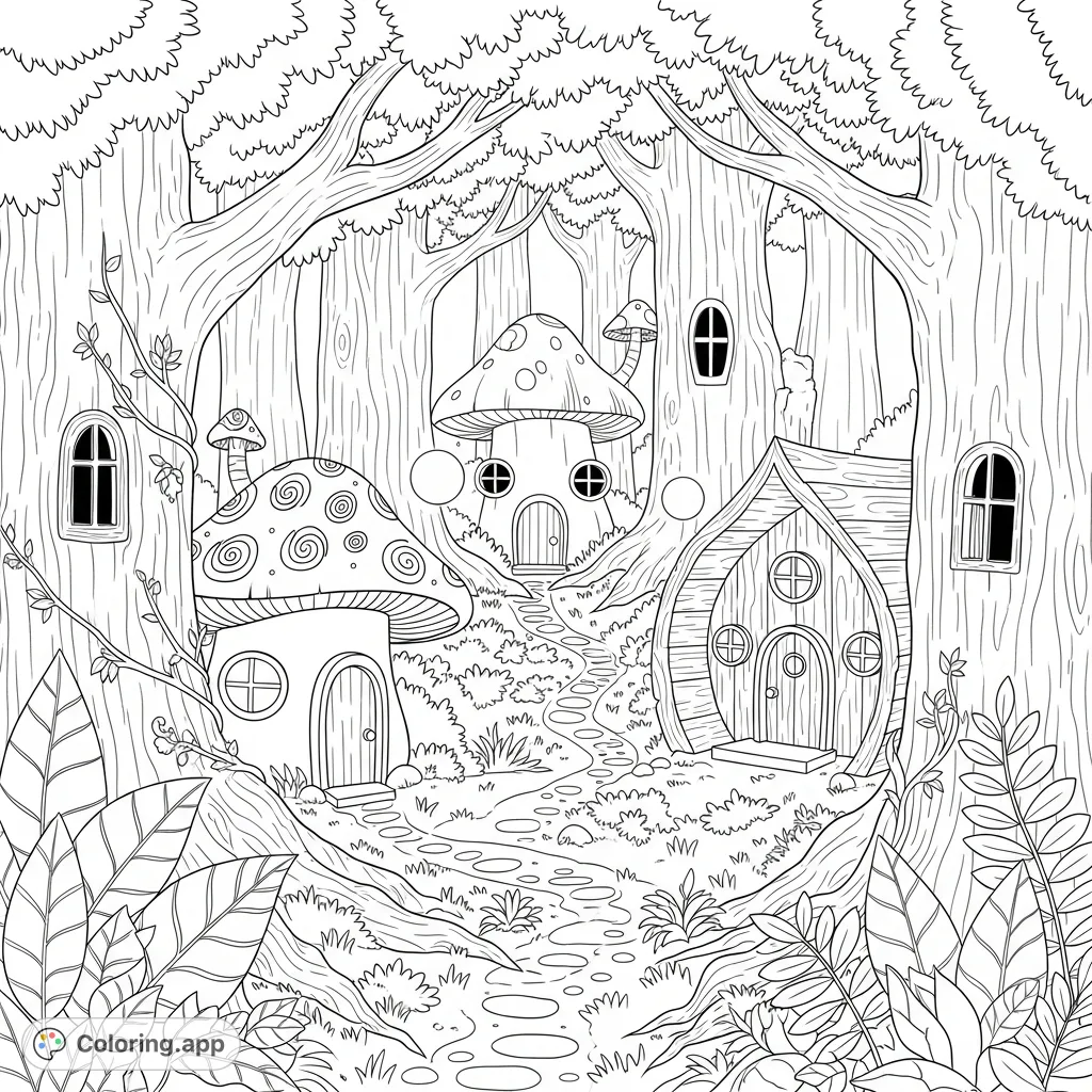 Discover whimsical fairy houses nestled among ancient trees and lush foliage in an enchanted forest. A magical scene perfect for creative coloring.