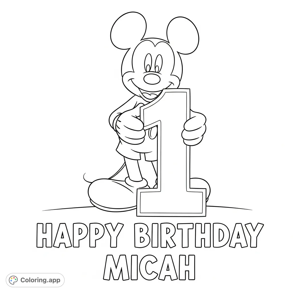 A cheerful Mickey Mouse holds a giant number 1, celebrating Micah's special day! Perfect for young fans to color and personalize.