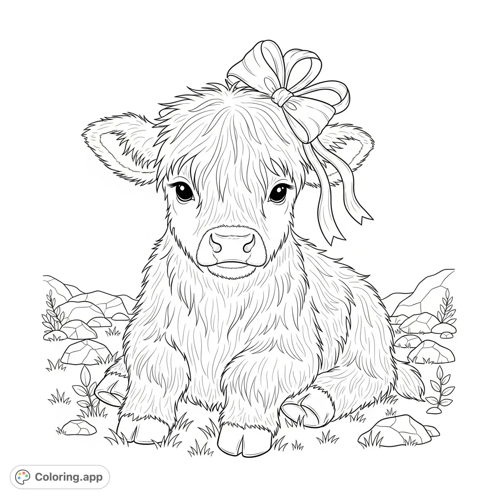 A heartwarming baby Highland cow coloring page. Featuring a shaggy calf with a charming bow, ready for your creative touch. Perfect for animal lovers!