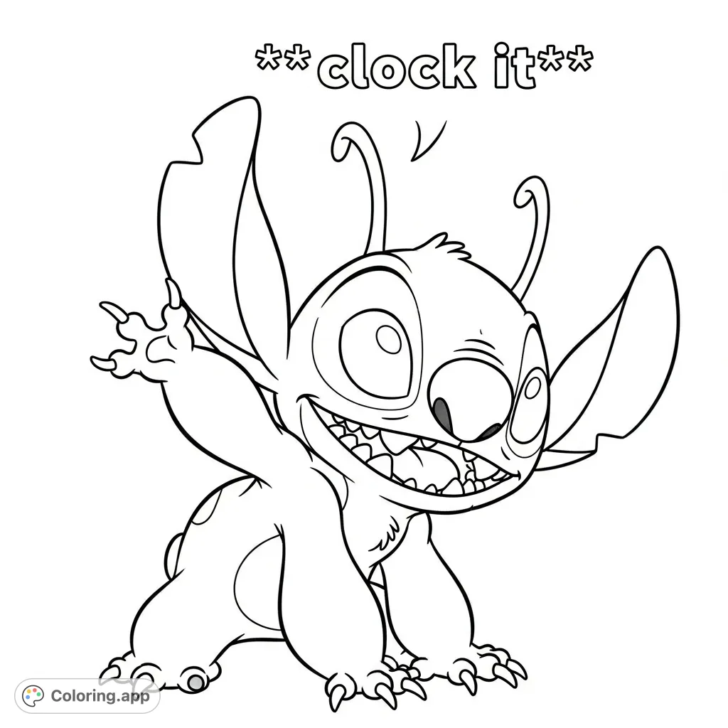 An exciting Stitch coloring page featuring the mischievous alien in a dynamic pose, emphasizing his playful nature with the phrase "clock it."
