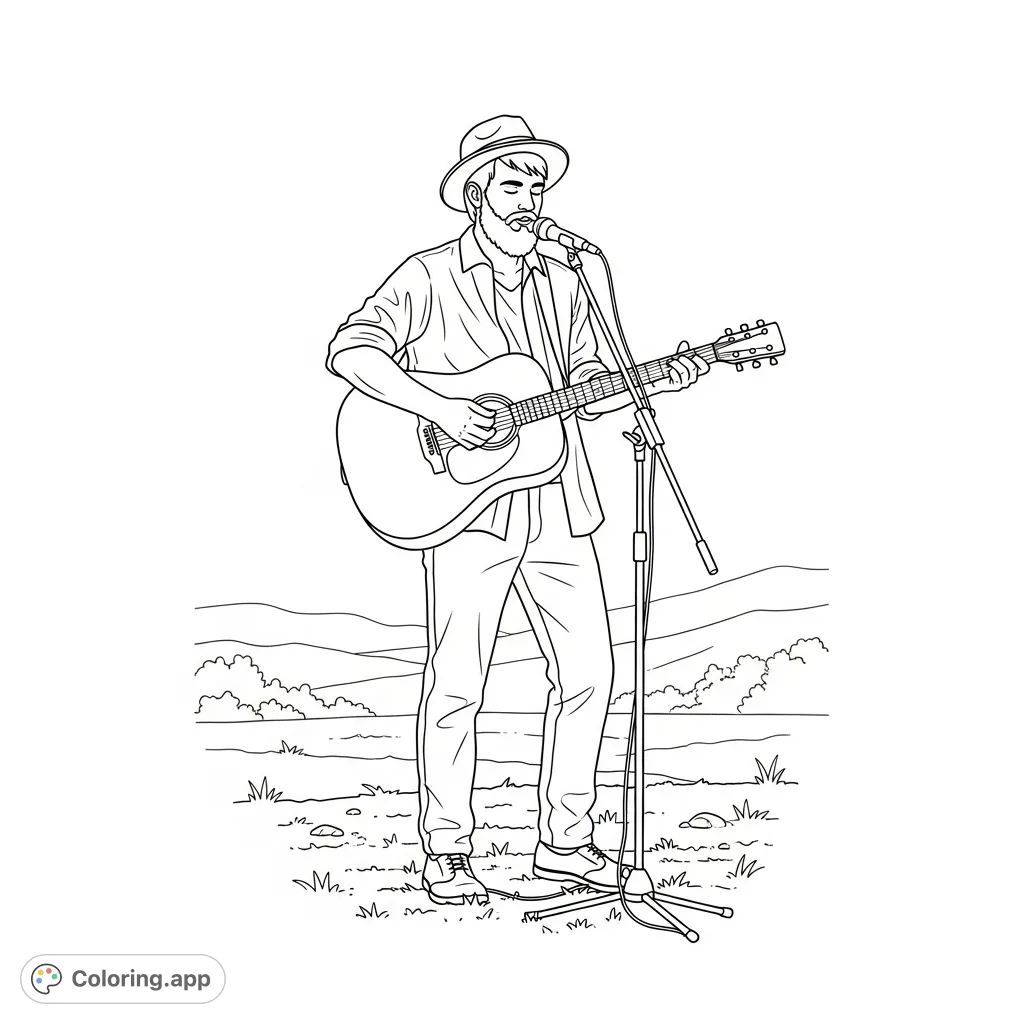 Capture Zach Bryan performing live with his acoustic guitar in a rustic outdoor setting, perfect for fans to color and personalize.