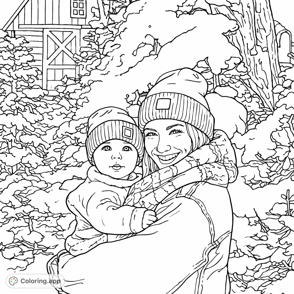 A heartwarming winter scene featuring a smiling mother embracing her bundled baby amidst snow-covered evergreen trees, with a distant barn.