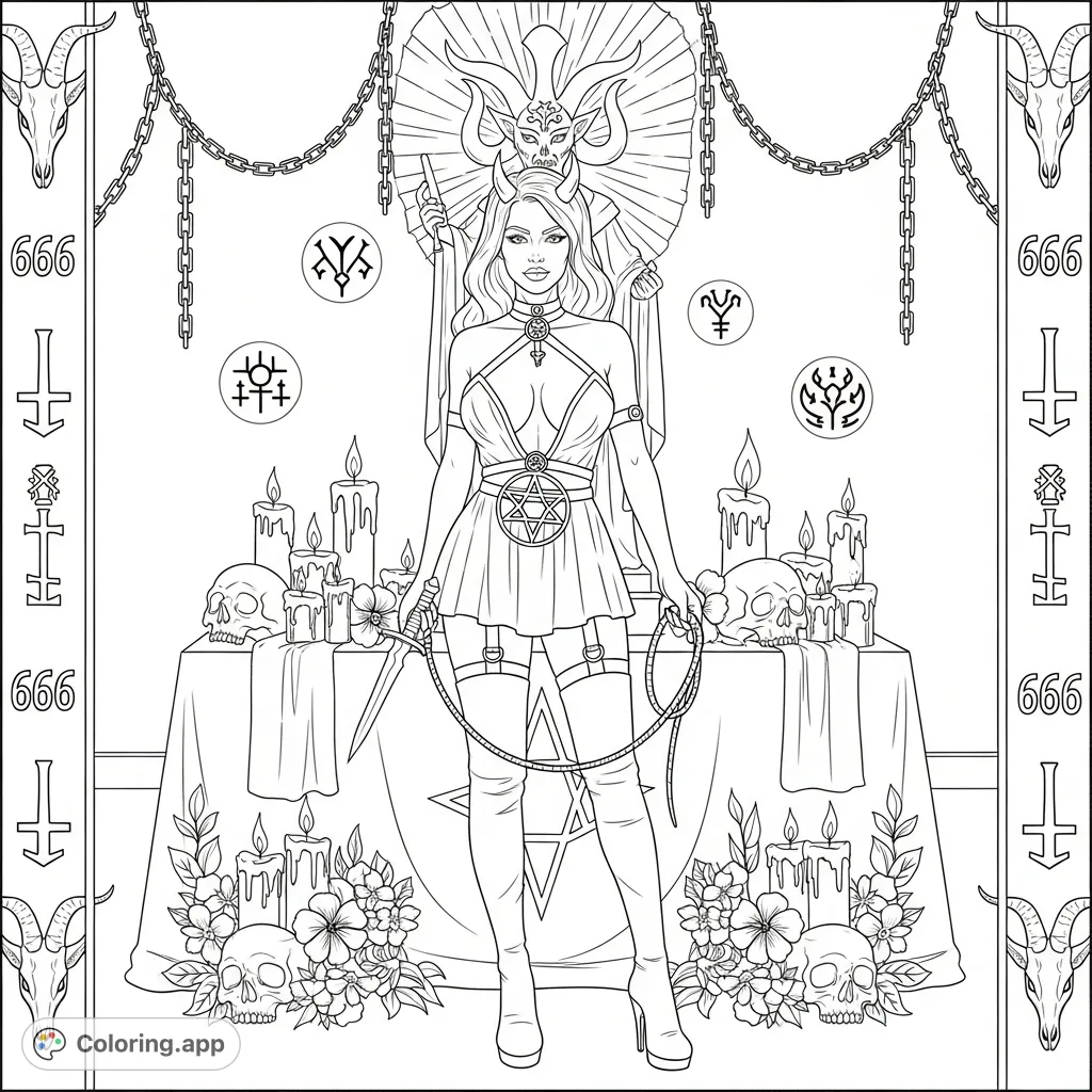 An intense she-devil priestess at a ritual altar, surrounded by occult symbols, skulls, and chains. An intricate adult coloring page.