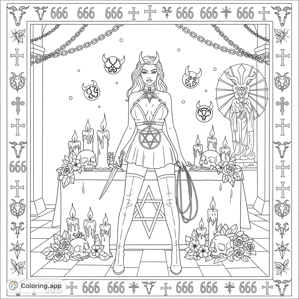 A detailed dark fantasy scene features a she-devil priestess at an altar, surrounded by occult symbols, chains, and a Baphomet statue. Intricate border elements complete this intense coloring page.